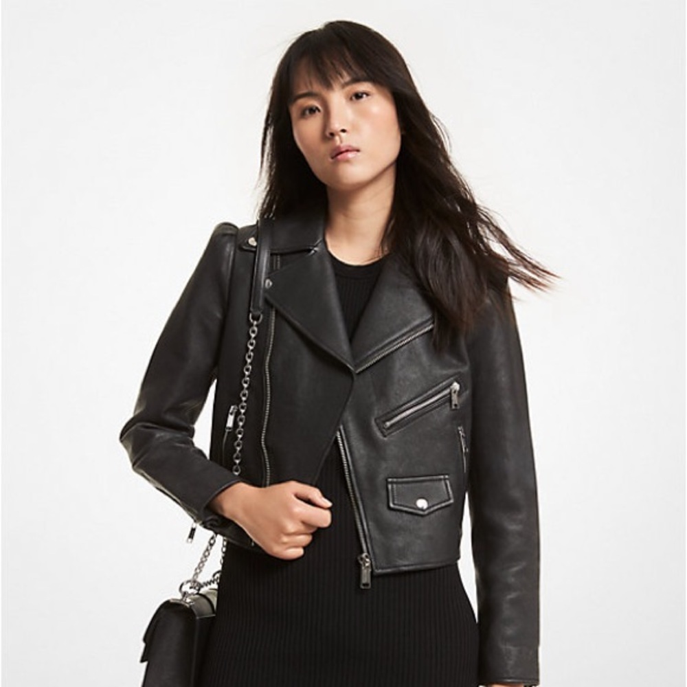 MICHAEL MICHAEL KORS Pebbled Leather Puff-Sleeve Moto Jacket Size Medium